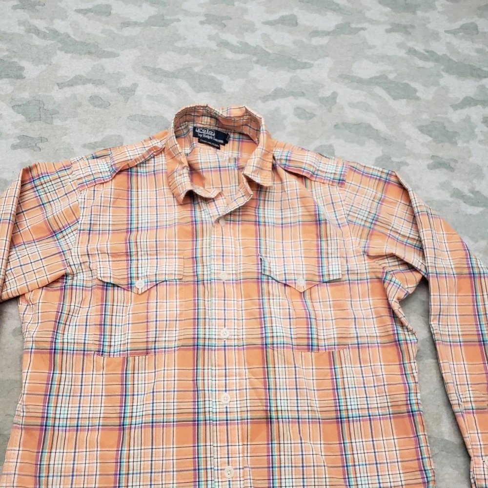 Polo Ralph Lauren Shirt Mens Large Orange Trim Military Long Sleeve Button Plaid